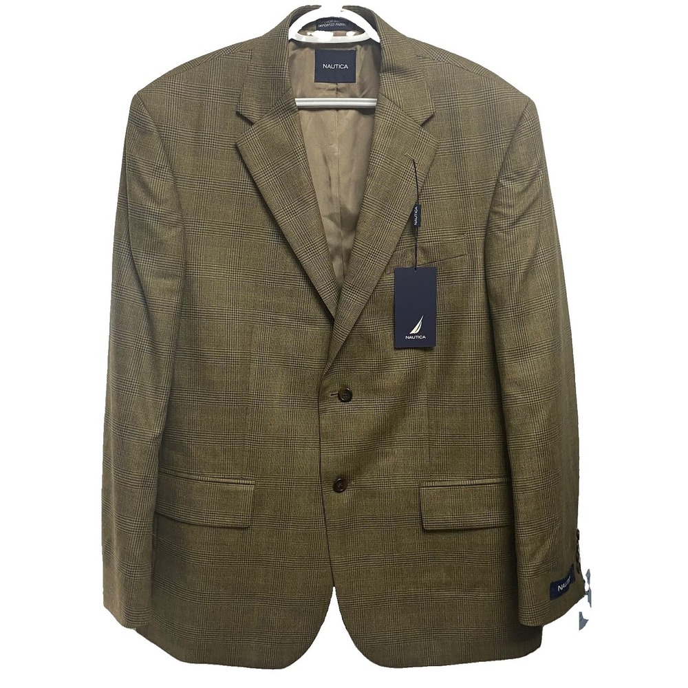 Nautica Men 100% Wool Sport Coat Blazer Olive Green Plaid Jacket 44R NWT $200